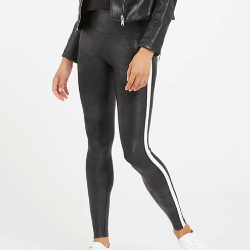Spanx Faux Leather Side Stripe Leggings in Very Black & White sz M